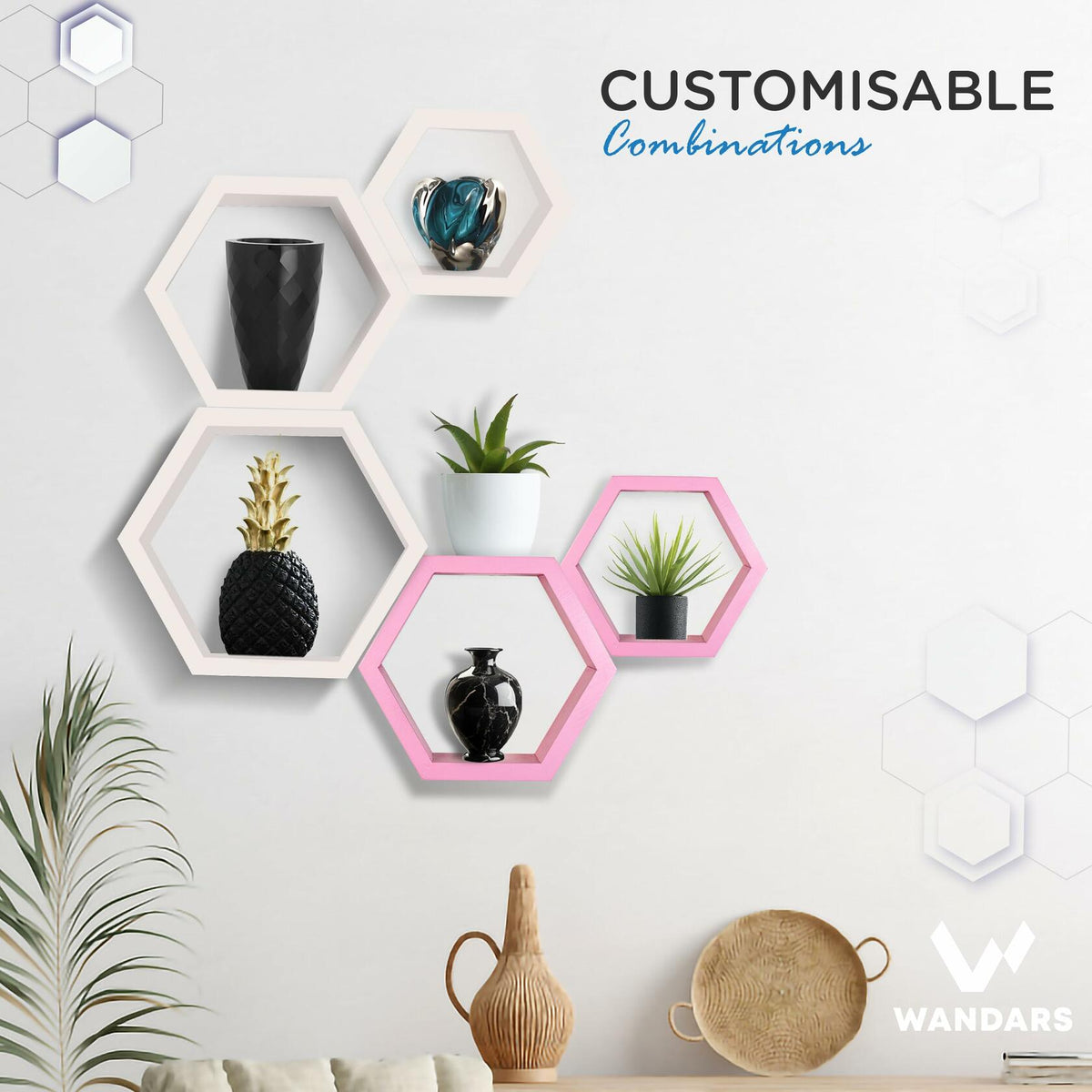 Wandars Hexagon Honeycomb Shelves Set of 2 Pine Wood Rose Quartz 11x11x9.5