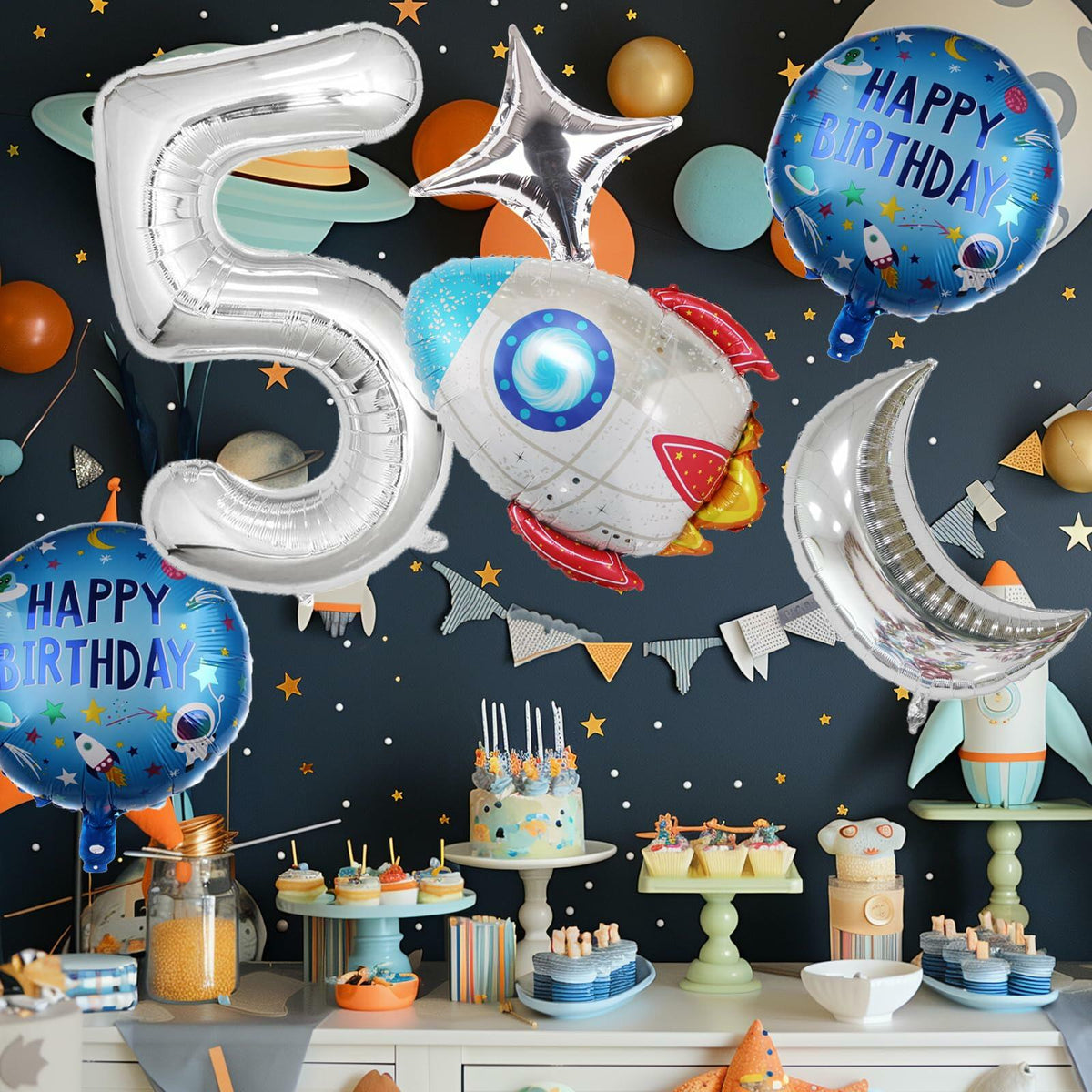 HXOUSE 6Pcs Extra Large Space Balloon Set Rocket Moon Planet 40" No.5