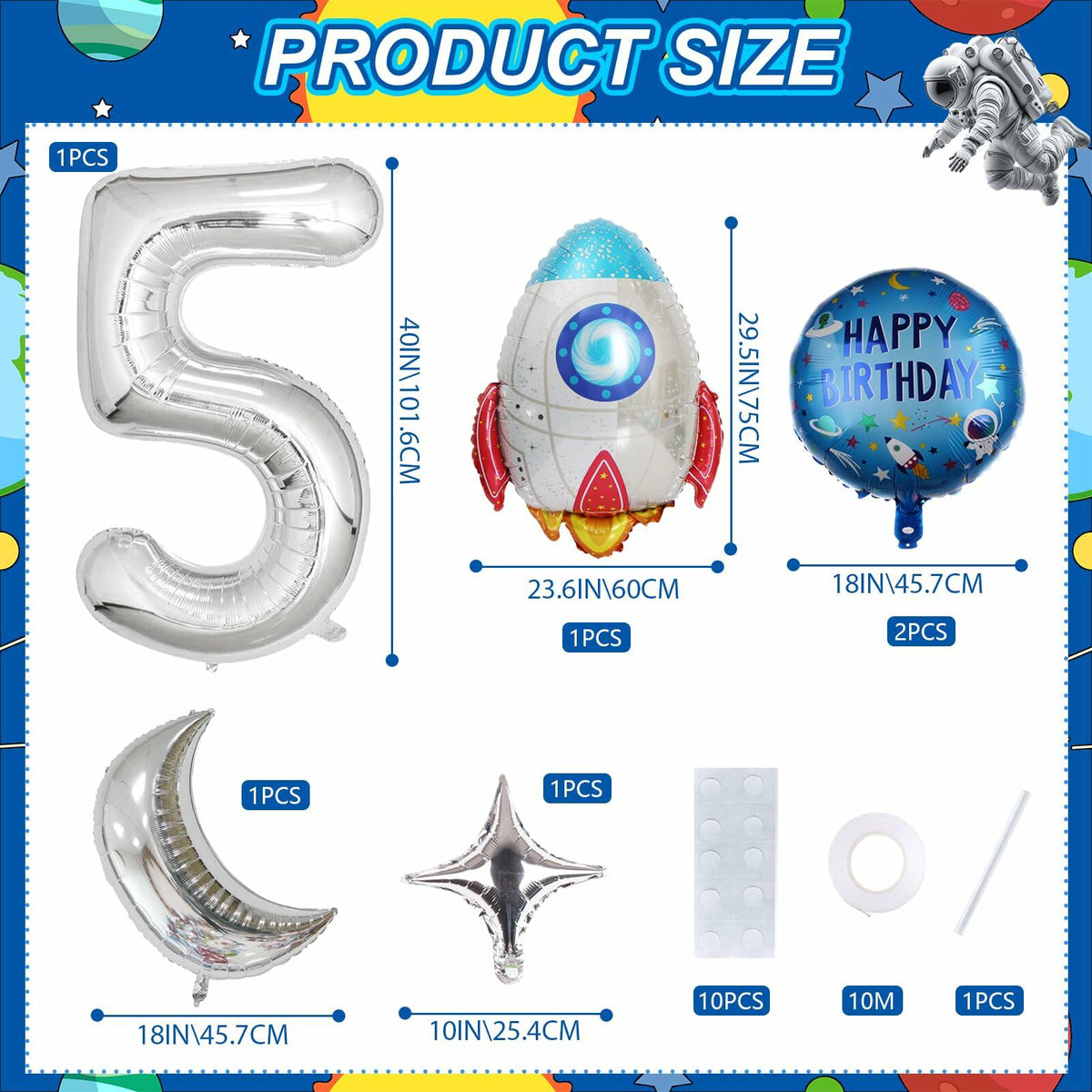HXOUSE 6Pcs Extra Large Space Balloon Set Rocket Moon Planet 40" No.5
