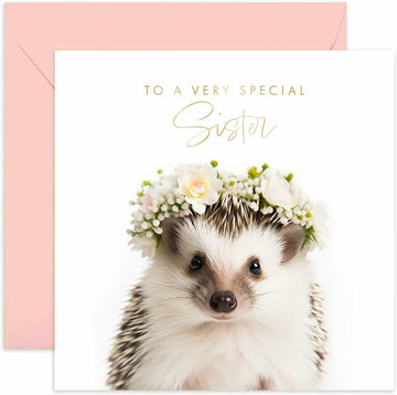 Old English Co. Hedgehog Sister Birthday Card Floral Gold Blank Envelope