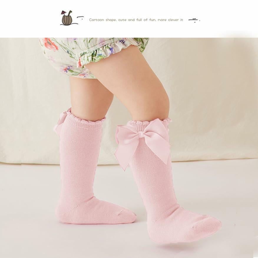 Marchare Baby Girls Knee High Socks Cotton 2 Pack Grey Light Pink 3-5T