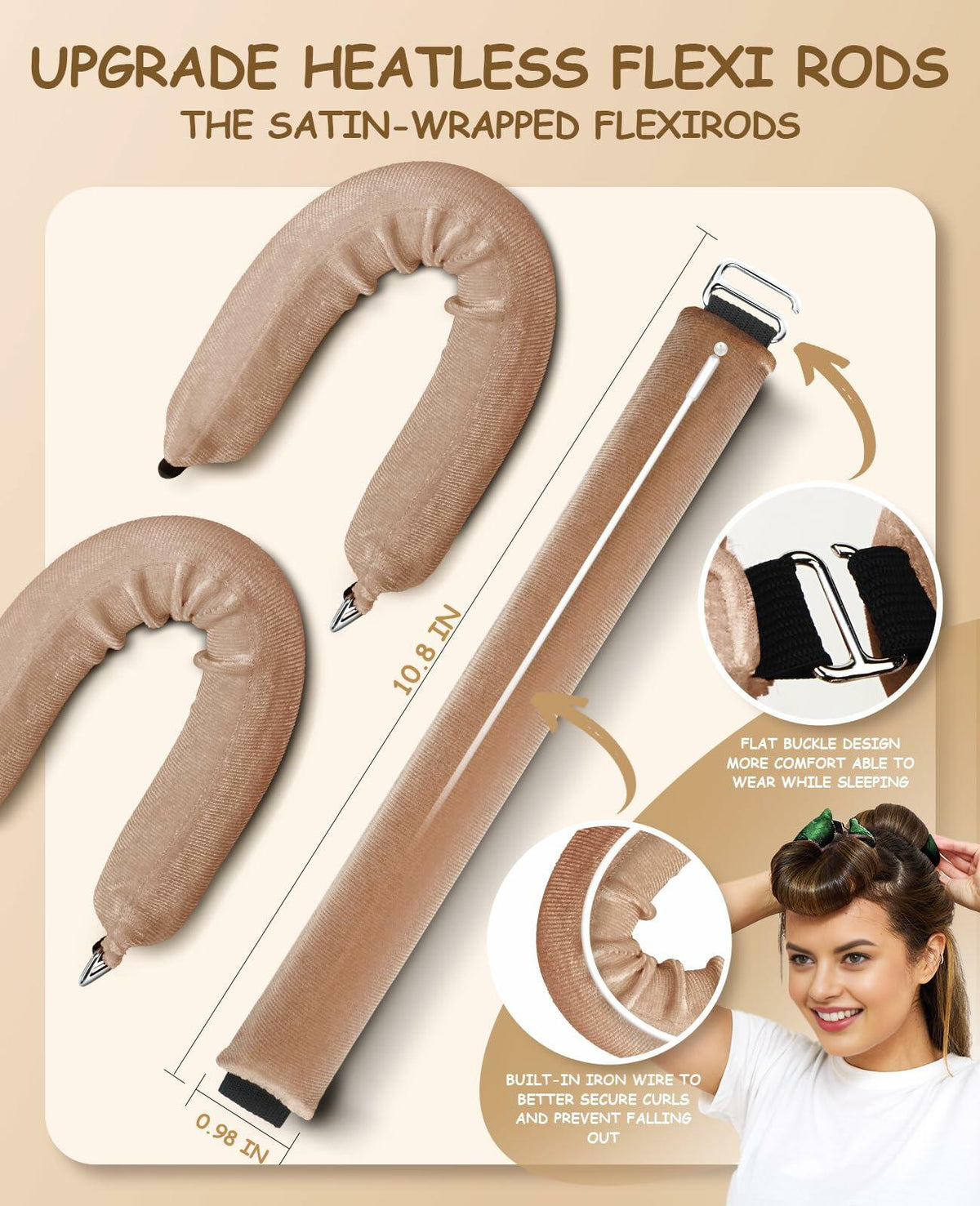 Overnight Heatless Hair Curlers Satin Velvet No Heat Jumbo Rods 3pcs Khaki