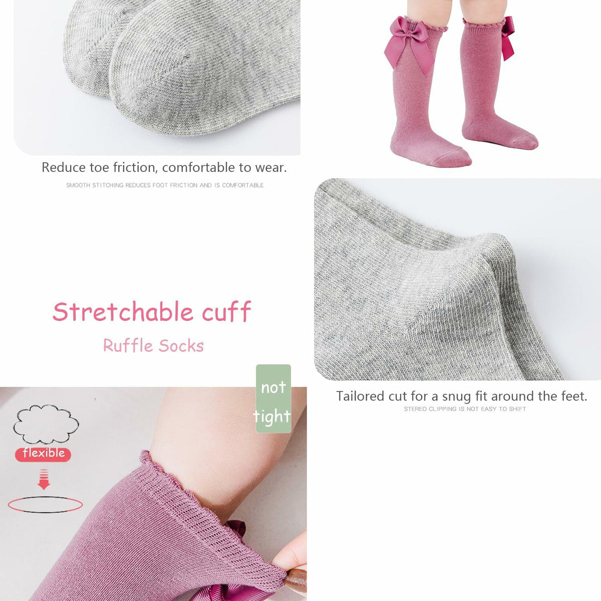 Marchare Baby Girls Knee High Socks Cotton 2 Pack Grey Light Pink 3-5T