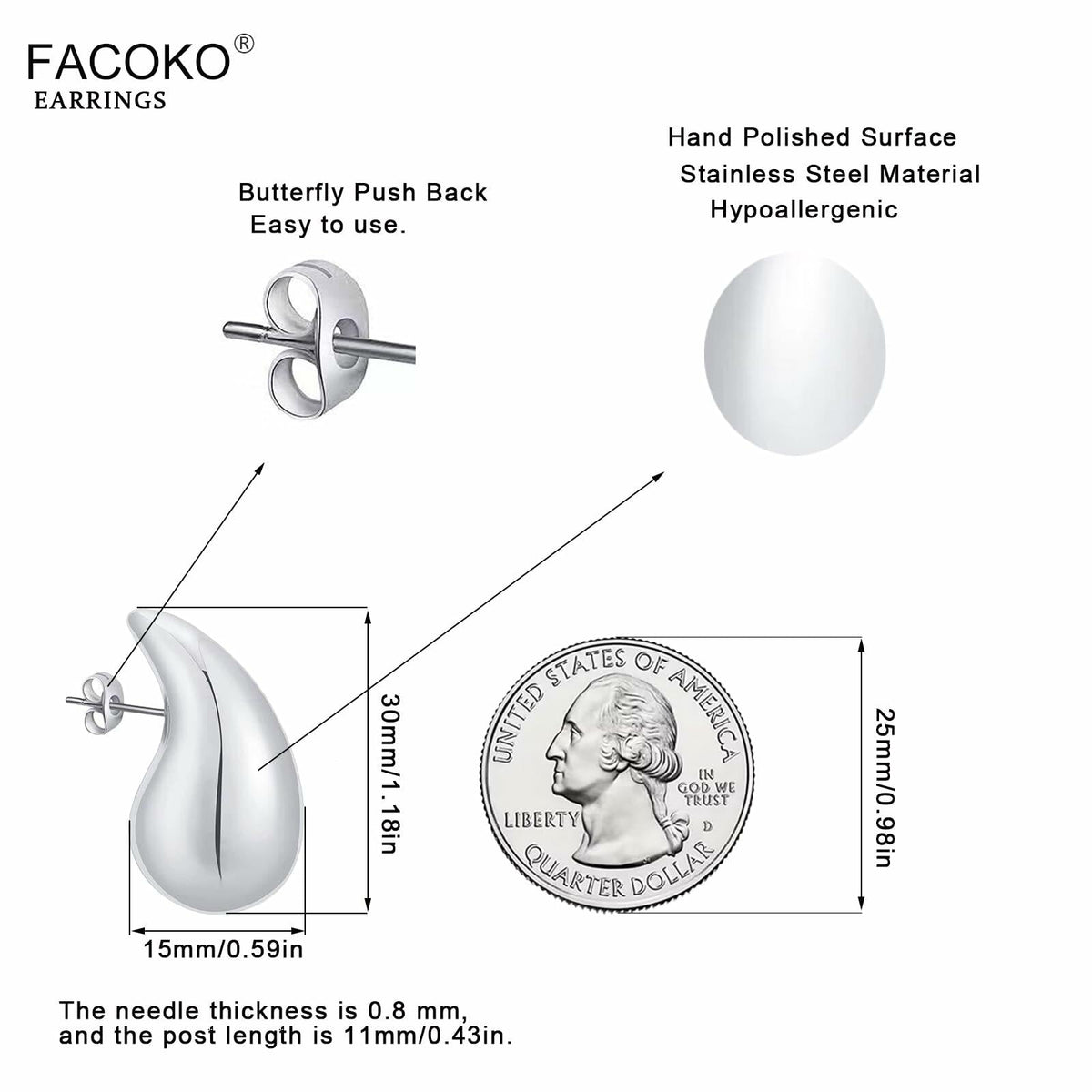 FACOKO Sterling Silver Chunky Teardrop Hoop Earrings Hypoallergenic Silver