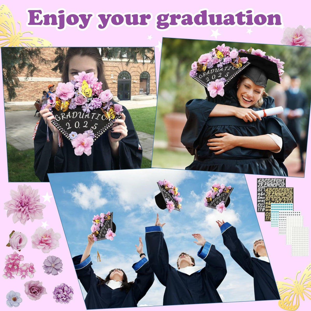 Mototo Graduation Cap Decorations Kit Purple Flowers Rhinestones Glitter DIY
