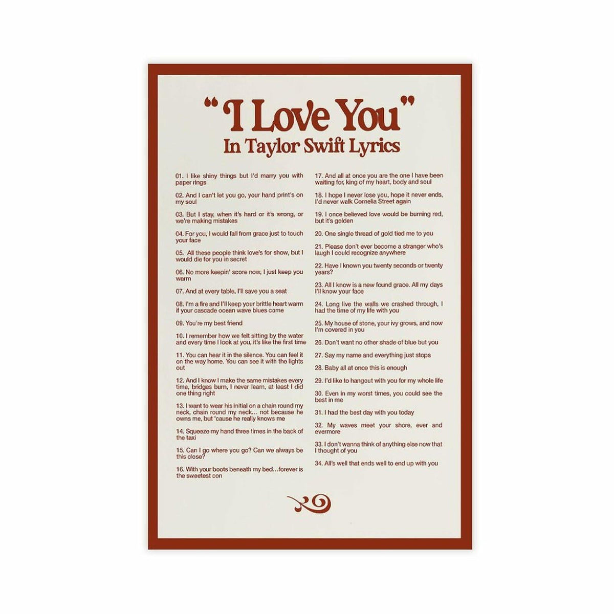 I LOVE YOU Taylor Swift Lyrics Poster Canvas Wall Art 12x18in 30x45cm
