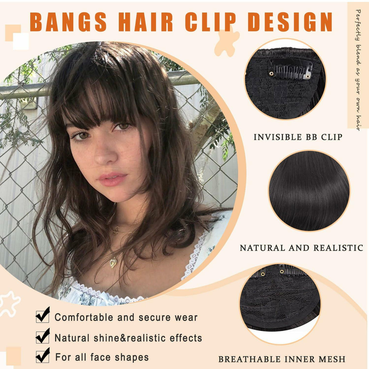 WZNBBOY Synthetic Clip in Bangs Hair Extensions Brown Black Wispy Fringe