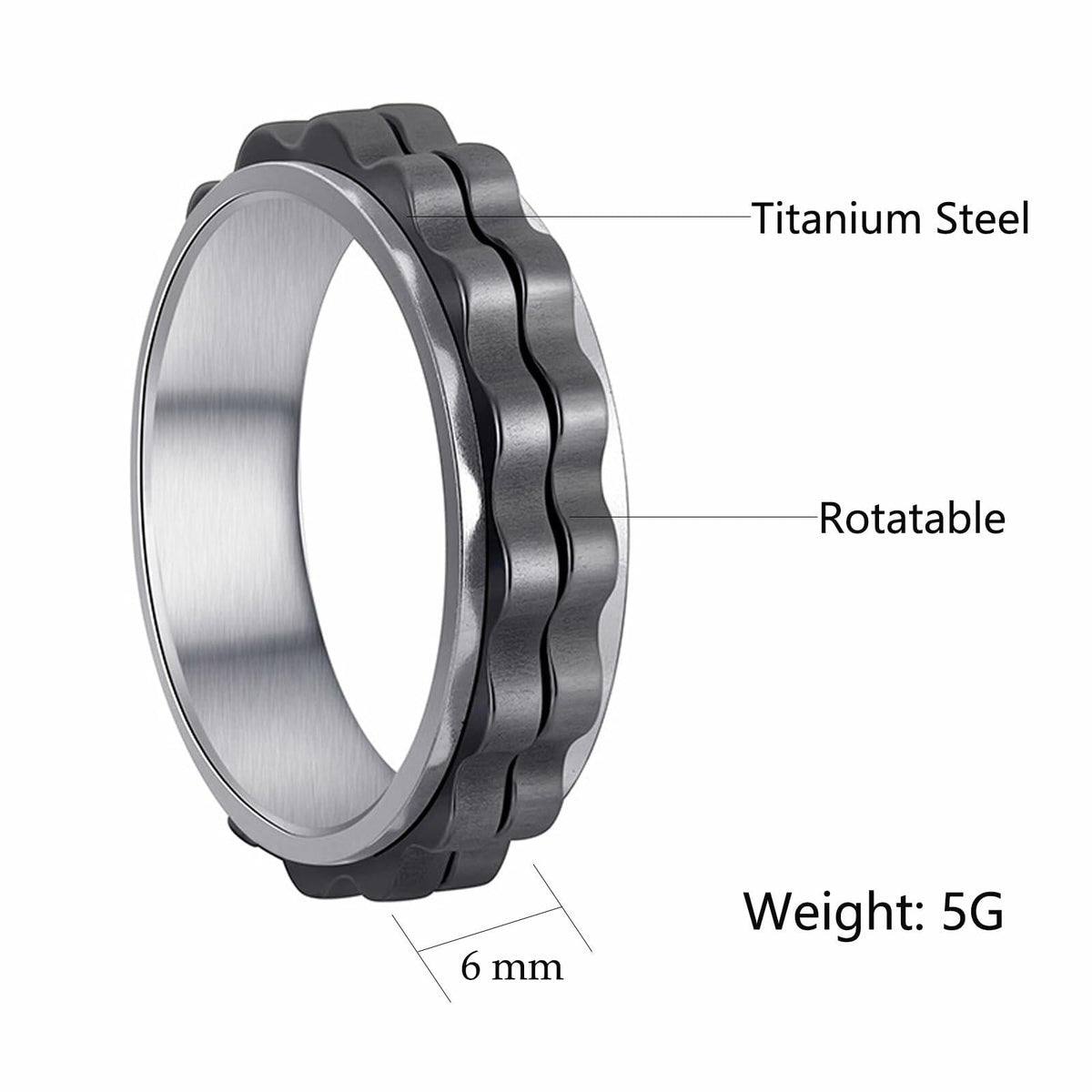 Udolfly Titanium Steel Womens Fidget Spinner Ring Silver Black Size 8