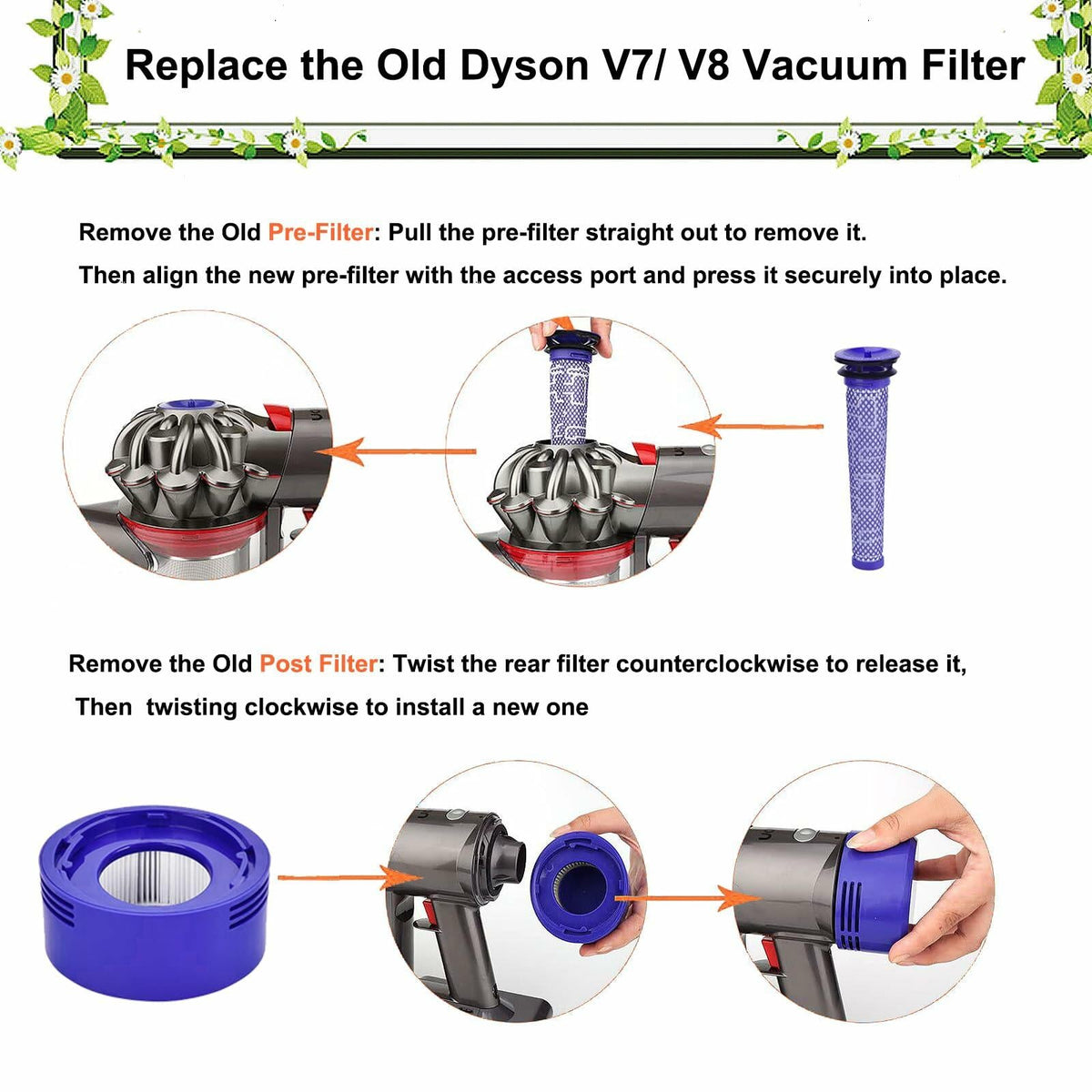 Pdoucgia Vacuum Filter 4 Pack (2 Pre + 2 Post) for Dyson V8 V7 Absolute