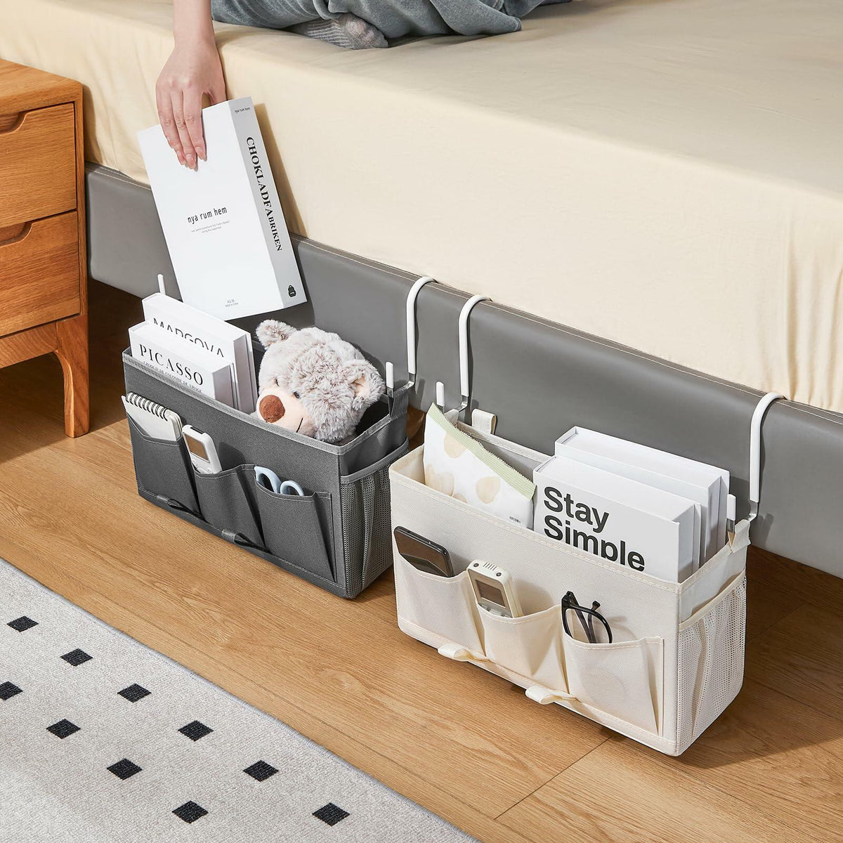 Berdeng Bedside Organizer Caddy 3 Pockets Mesh Side Pocket Gray 2 Pack
