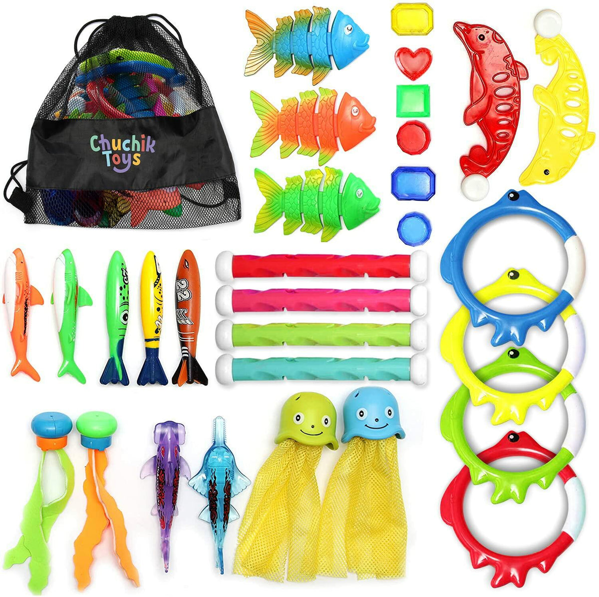 [Like New] Chuchik 30 Pcs Multicolor Diving Toys for Kids Ages 4-12 with Storage Bag