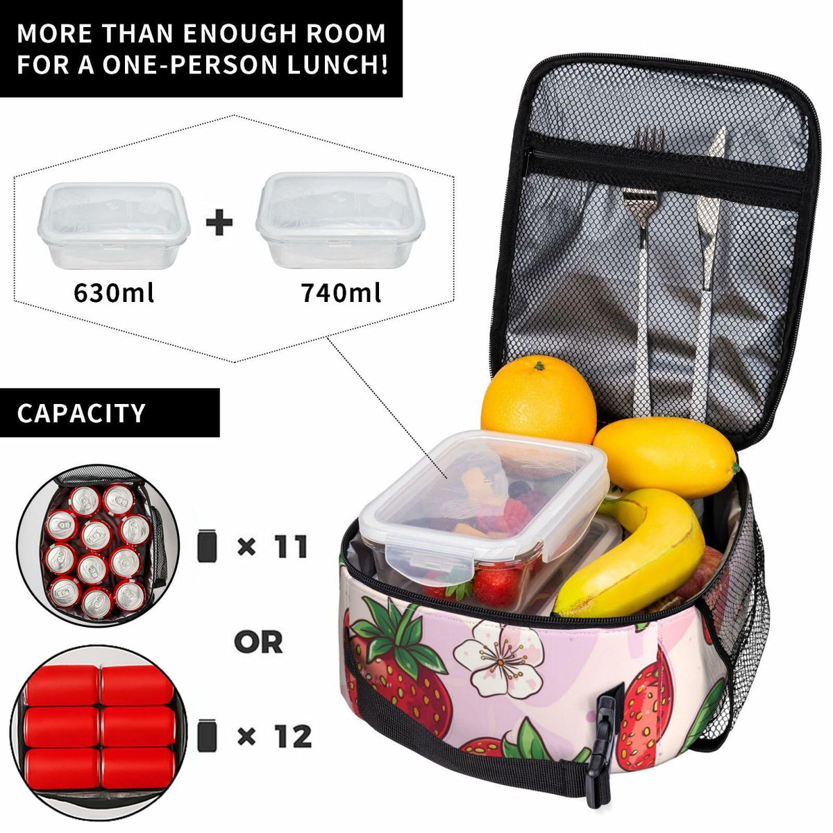 cromcu Avocado Insulated Lunch Box Pink Reusable Cooler 1.37L Polyester