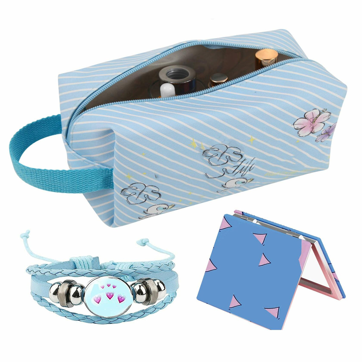 LOYEJEGL Foldable Travel Cosmetic Makeup Bag Blue PU