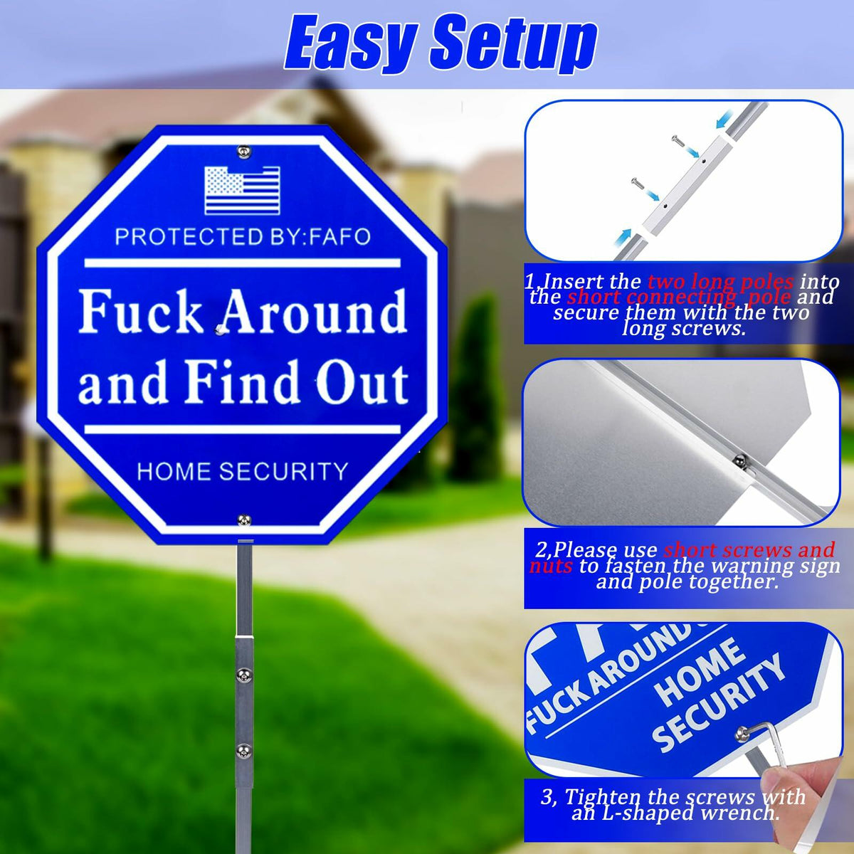 Shawgge FAFO Security Yard Sign with Stake Blue Metal Property Decor