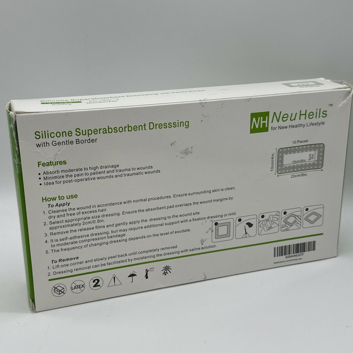 BestBy09/28 NeuHeils Silicone Super Absorbent Wound Dressing 4x8 Beige 10 Pack