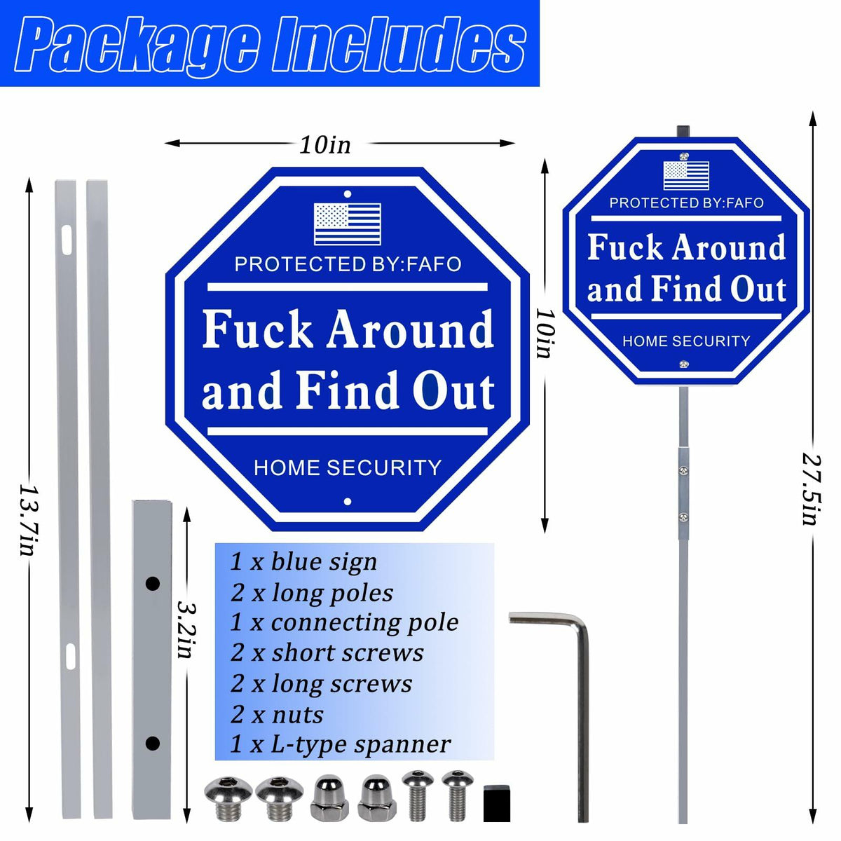 Shawgge FAFO Security Yard Sign with Stake Blue Metal Property Decor