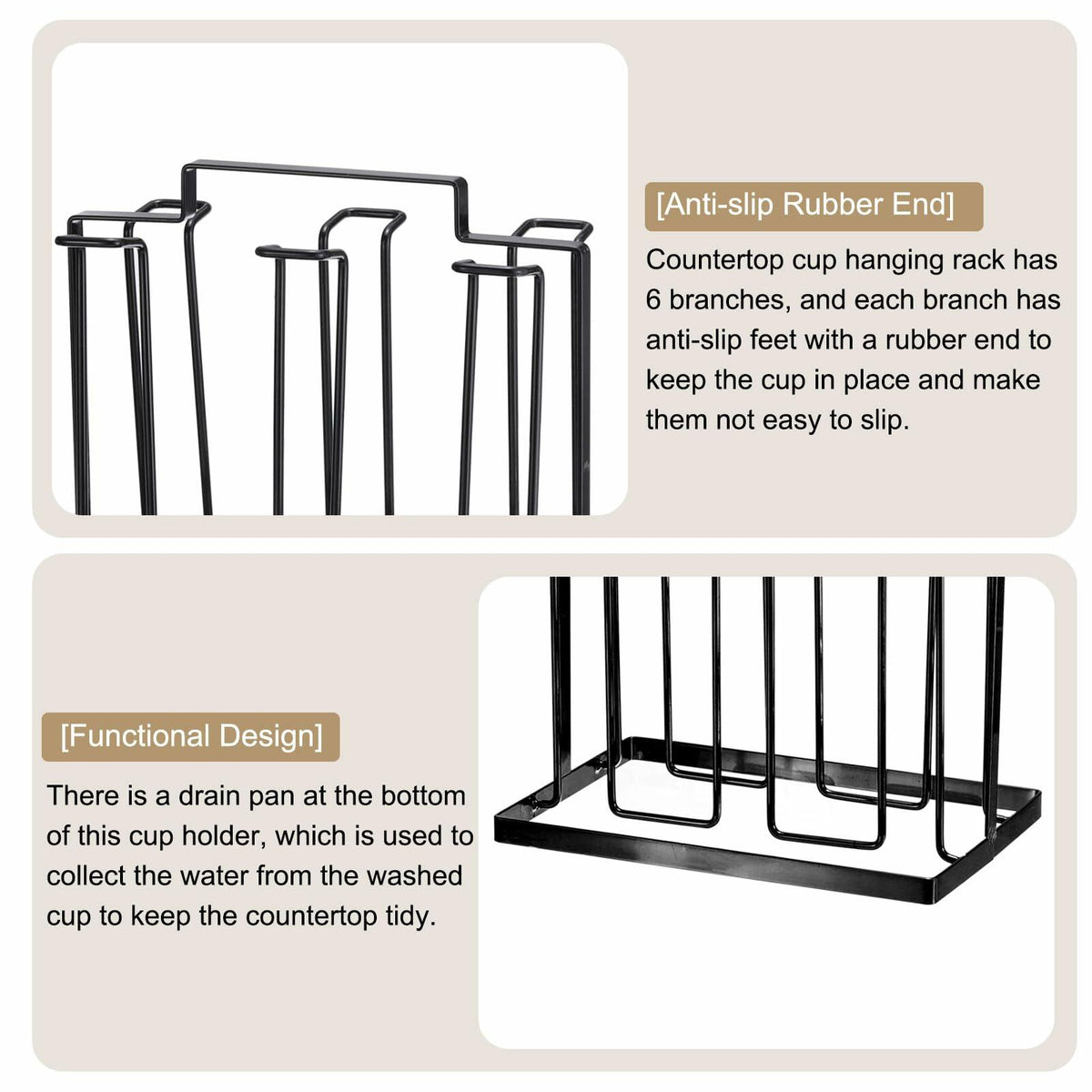 uxcell Cup Drying Rack Foldable Stainless Steel 220x185mm 6 Cups Black