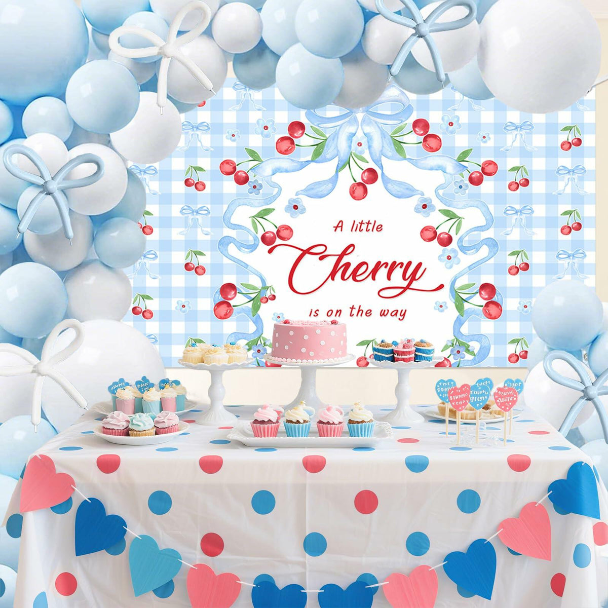 MEHOFOND Blue Cherry Bow Baby Shower Decor Banner Backdrop Balloon Set