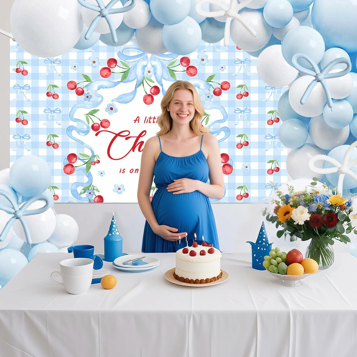 MEHOFOND Blue Cherry Bow Baby Shower Decor Banner Backdrop Balloon Set