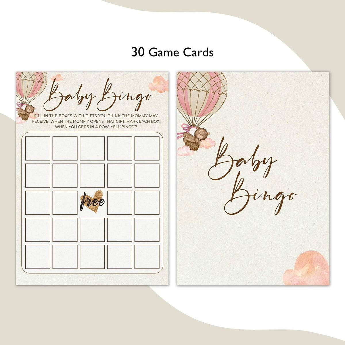 OUDIEA Baby Shower Bingo Cards Teddy Bear Hot Air Balloon 5x7 30 Count