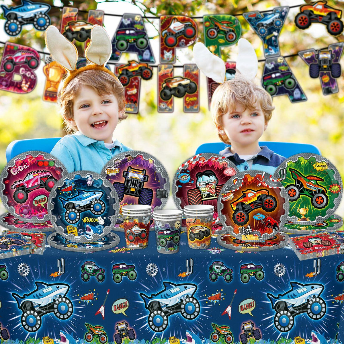 [Like New] VIZOZEN Truck Birthday Party Supplies Tablecloth Banner Plates Napkins Cups