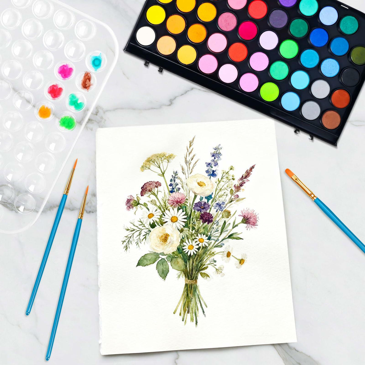 48 Color Solid Watercolor Paint Set with 3 Brushes for Kids & Artists