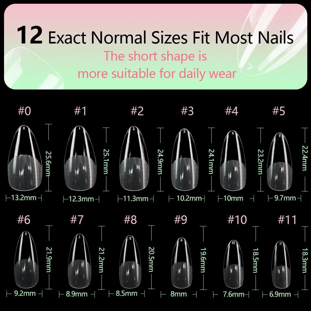 PrettyYo Short Almond Gel Nail Tips 240Pcs Clear 12 Sizes Full Cover