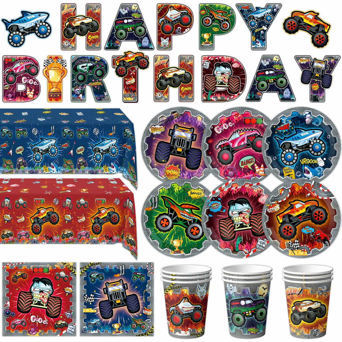 [Like New] VIZOZEN Truck Birthday Party Supplies Tablecloth Banner Plates Napkins Cups