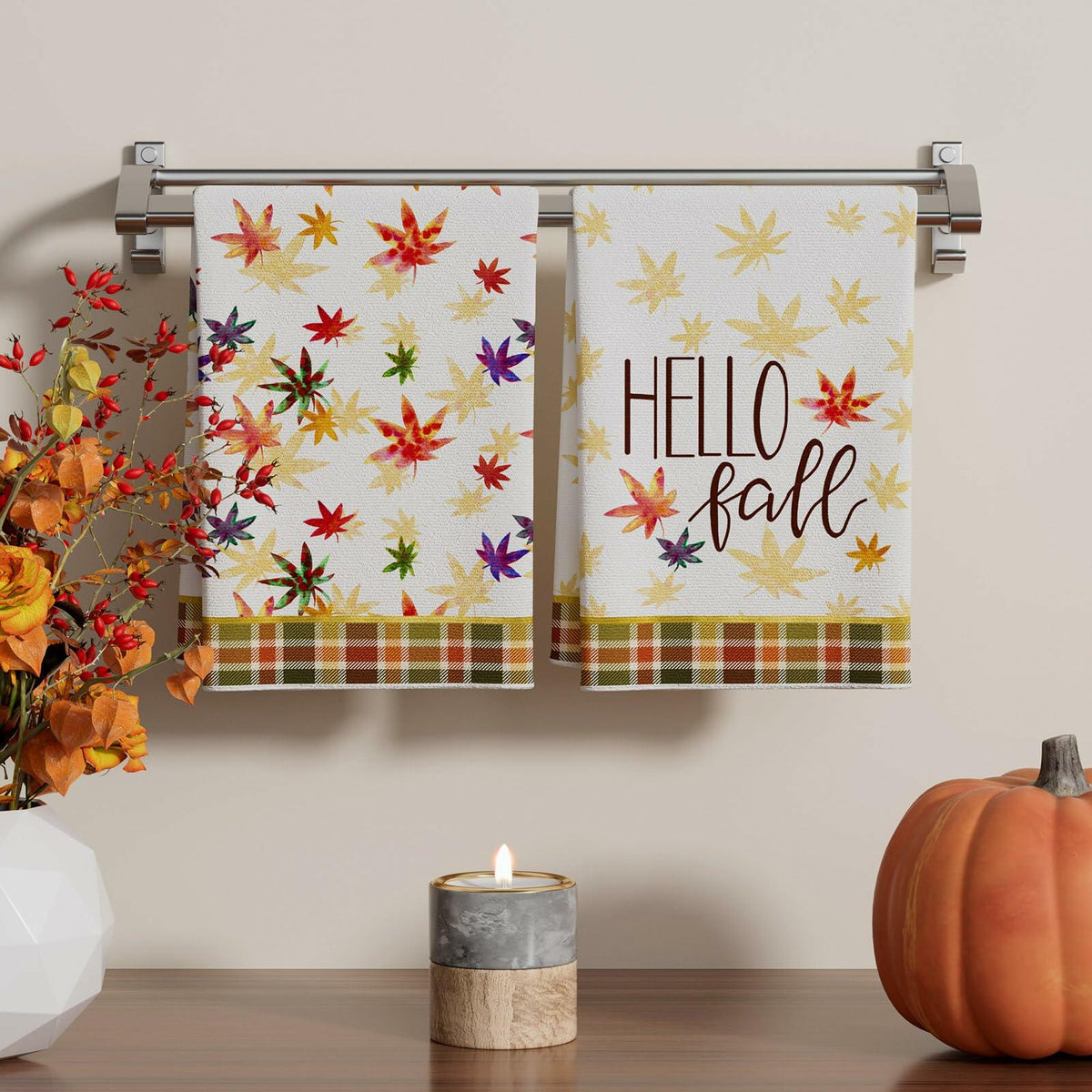 XCHI Hello Fall Watercolor Maple Leaves Plaid Dish Towels 18x26 Set of 2