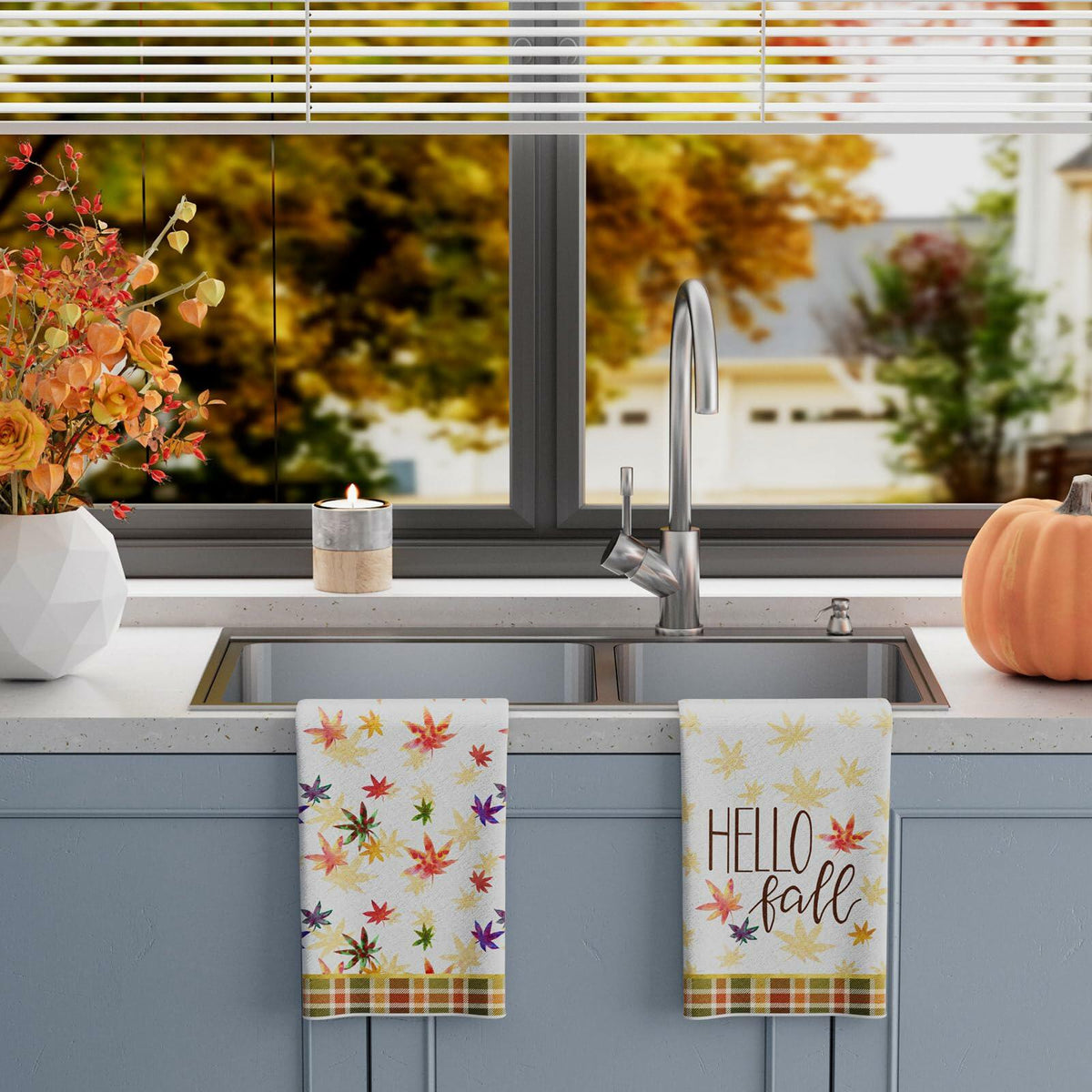 XCHI Hello Fall Watercolor Maple Leaves Plaid Dish Towels 18x26 Set of 2