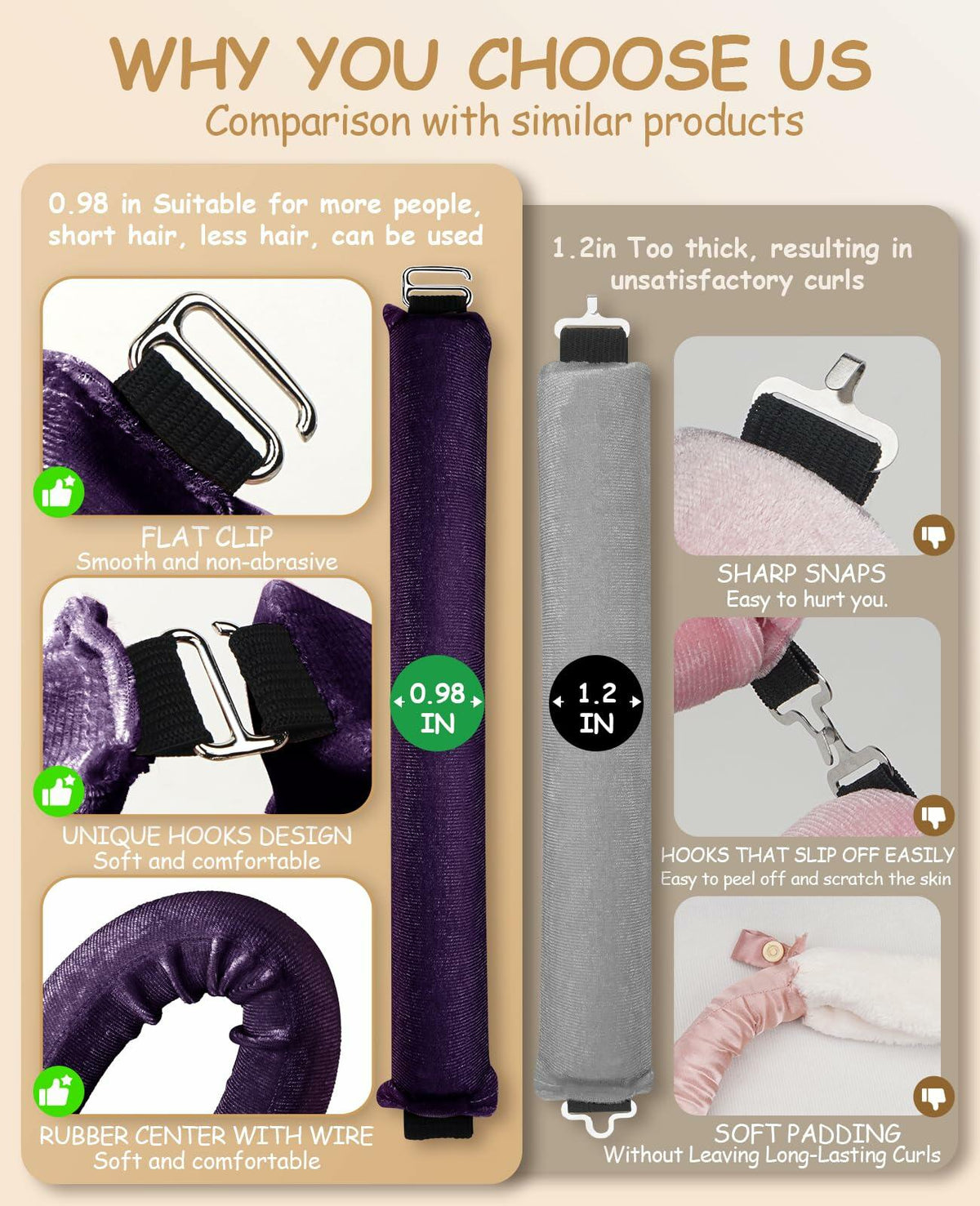 BLAAROOM Overnight Heatless Hair Curler Satin Velvet Jumbo Rods 3pcs Purple