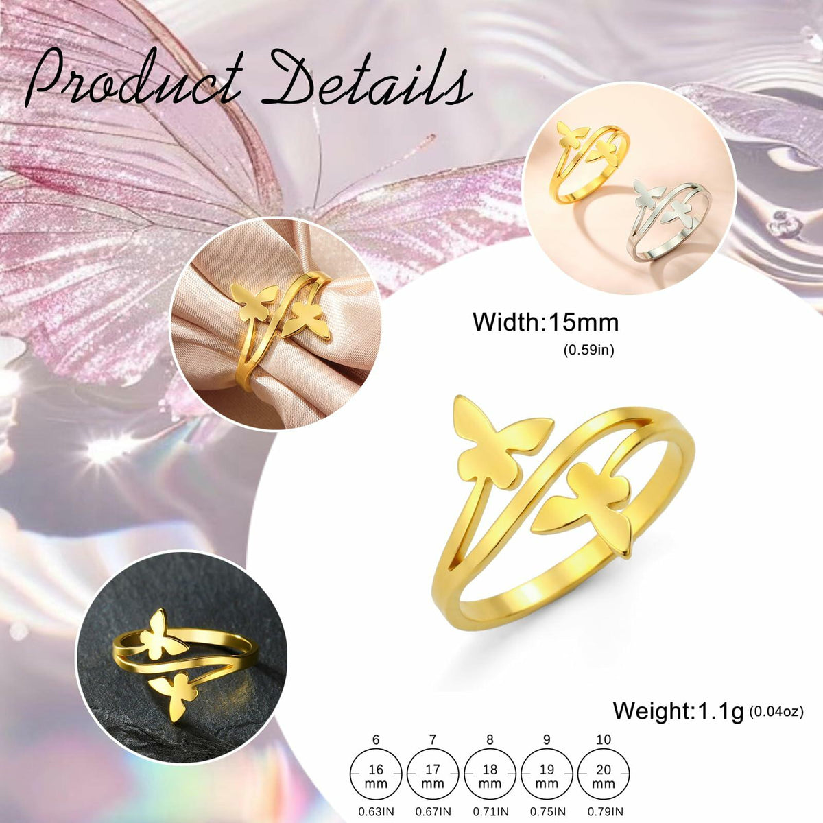 Dreamtimes Butterfly Rings Women Dainty Minimalist Wedding Bands Ring G-6