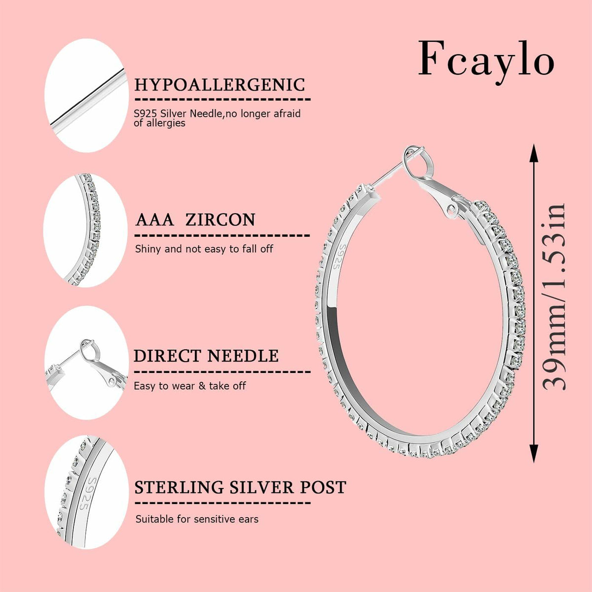 fcaylo 925 Sterling Silver Gold Hoop Earrings Lightweight Hypoallergenic 40mm
