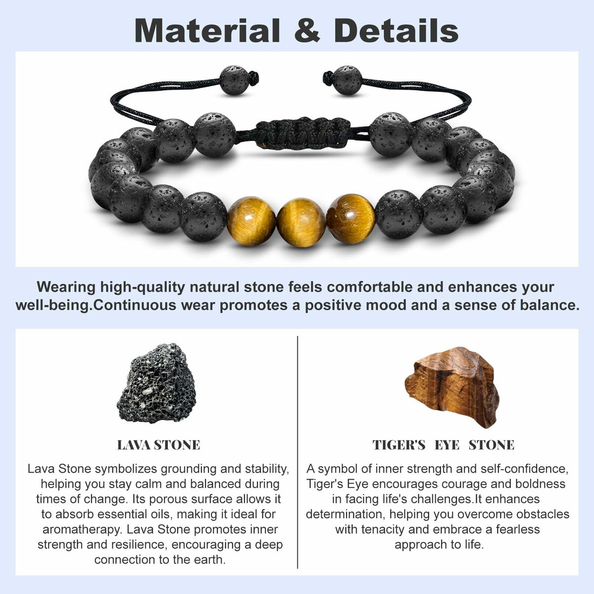 M SHUYUN Tiger Eye Men's Adjustable 8mm Beaded Lava Rock Bracelet
