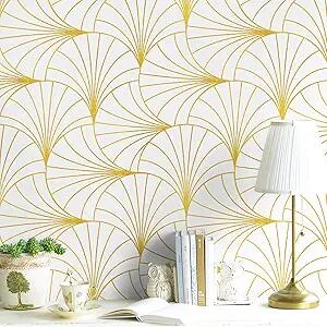 Safiyya Peel & Stick Wallpaper 393x17.3in Gold White Geometric Stripe Vinyl