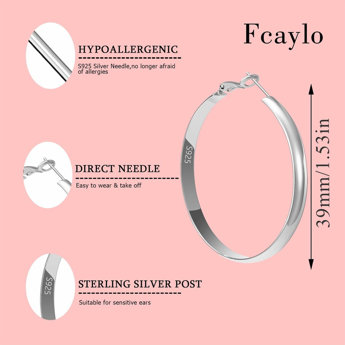 fcaylo 925 Sterling Silver Gold Hoop Earrings Lightweight Hypoallergenic 40mm