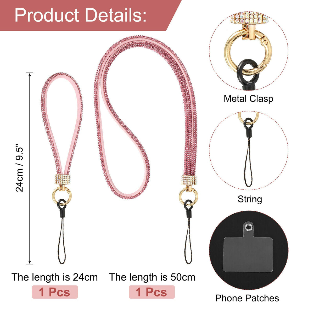 SeHwan 2-Piece Phone Lanyard Set Neck & Wrist Strap Pink Polyester Fashion