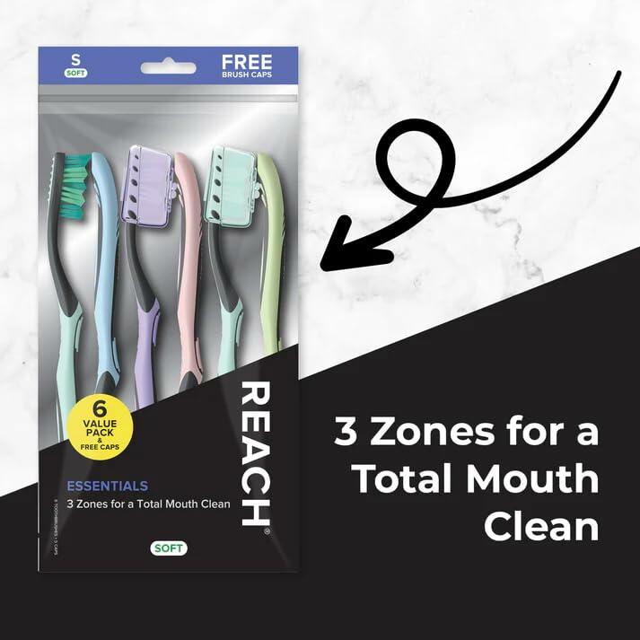 Reach Essentials Toothbrush Soft Bristles Contoured Handle Tongue Scraper 6Count
