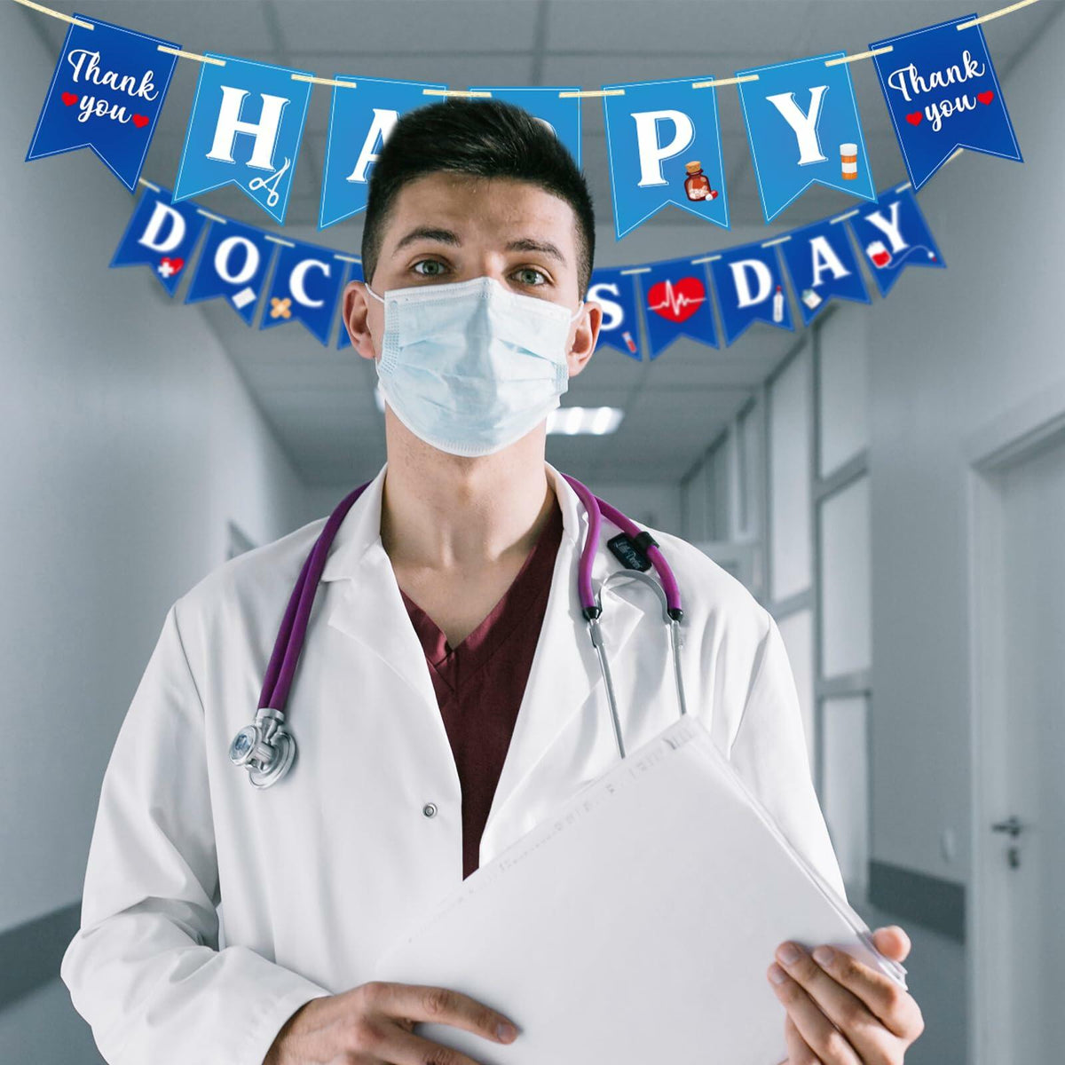 Qttier National Doctor's Day Banner Blue Cardstock Pre-strung Party Decor