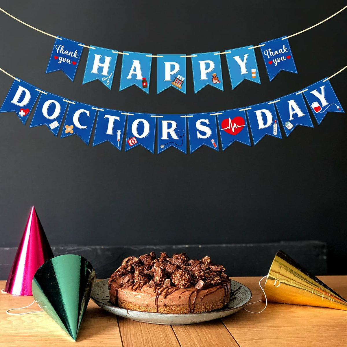 Qttier National Doctor's Day Banner Blue Cardstock Pre-strung Party Decor
