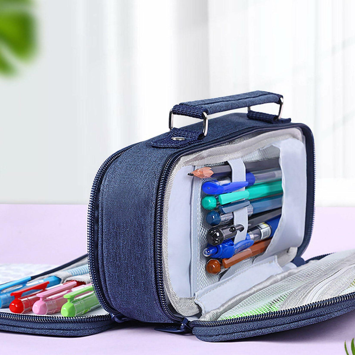 KEBEIXUAN Canvas Pencil Case Large Capacity Zipper Organizer Pink