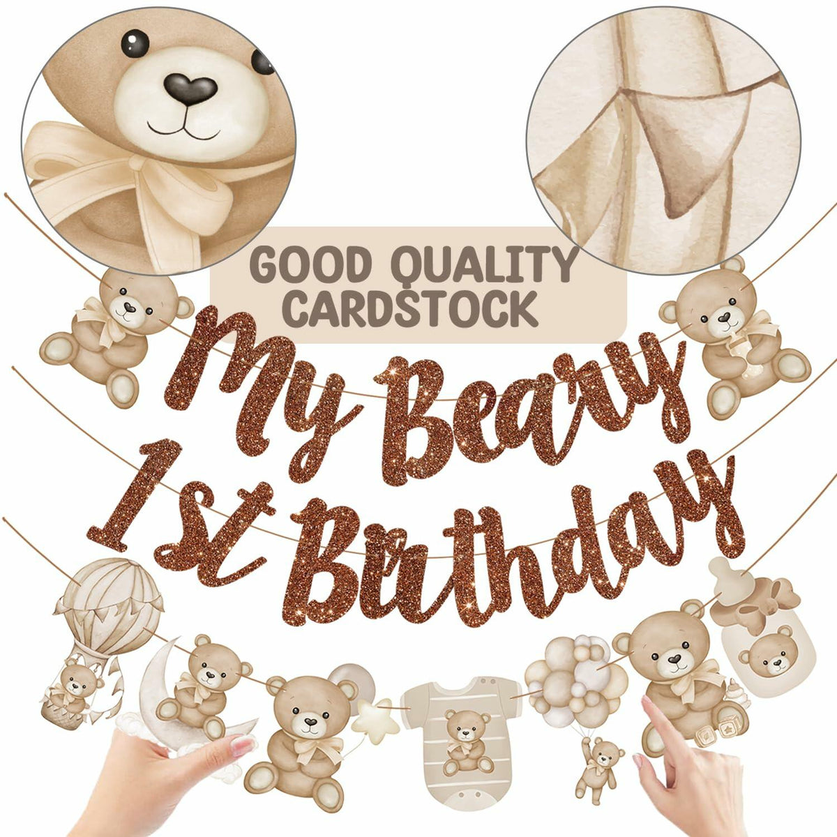 CANDY CHEF My Beary 1st Birthday Banner Set 3Pcs Brown Glitter Animals