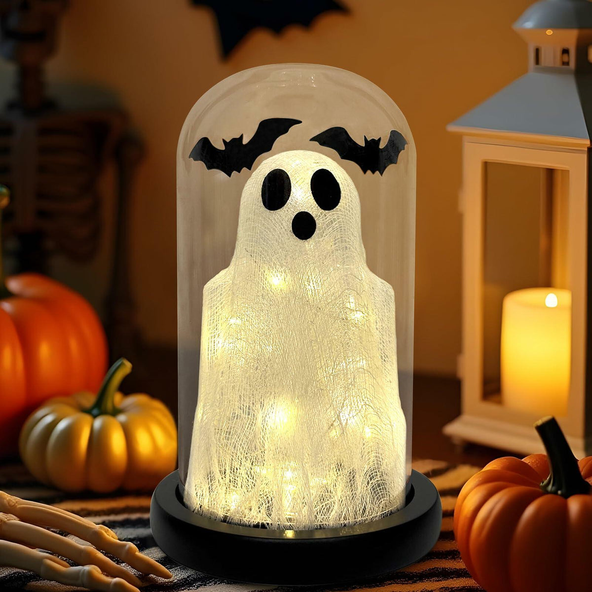 DAZONGE Lighted Ghost in Glass Dome Cloche Halloween Decor Indoor Black White