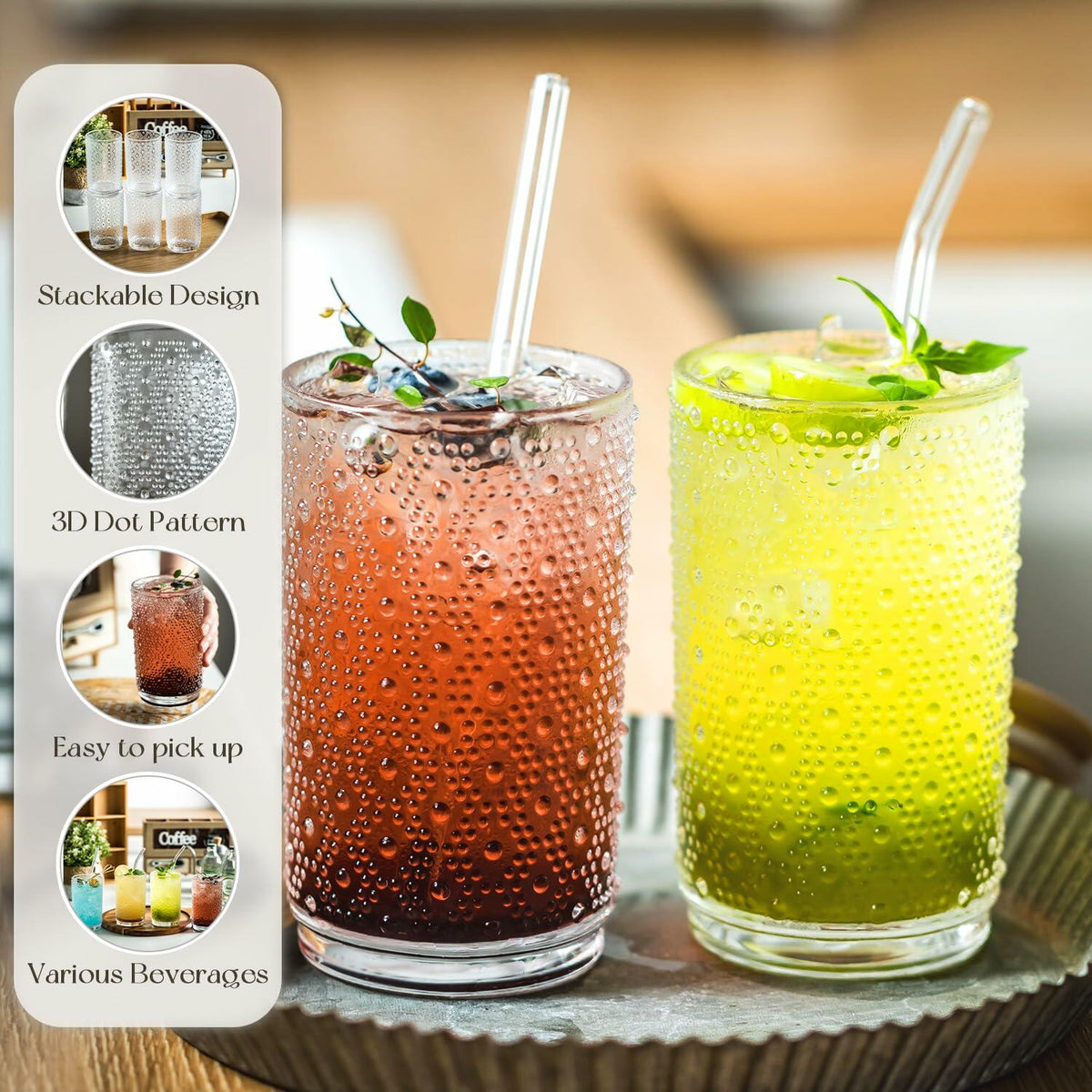 KEMORELA 6PCS Hobnail Old-Fashioned Glasses Set 15oz with Reusable Straws
