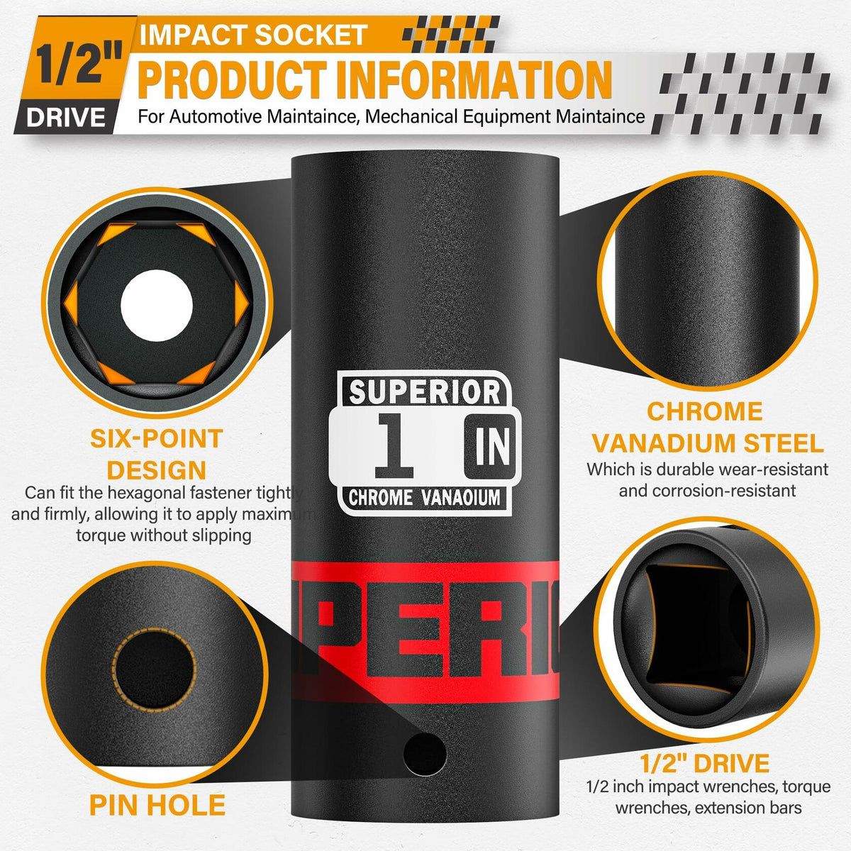 Aiourx 1/2" Drive Impact Socket 1" Deep 6 Point CR-V SAE for Car Repair