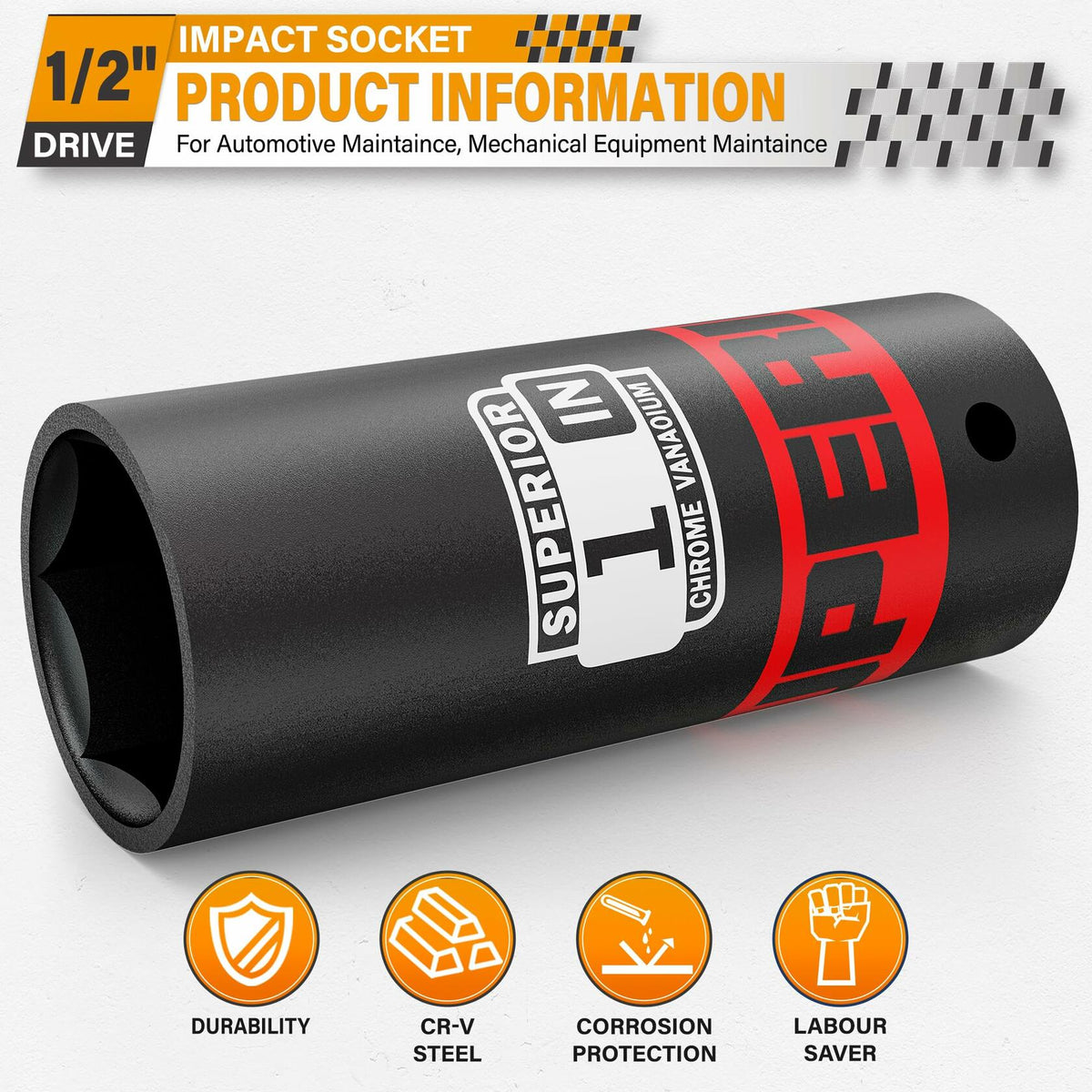 Aiourx 1/2" Drive Impact Socket 1" Deep 6 Point CR-V SAE for Car Repair