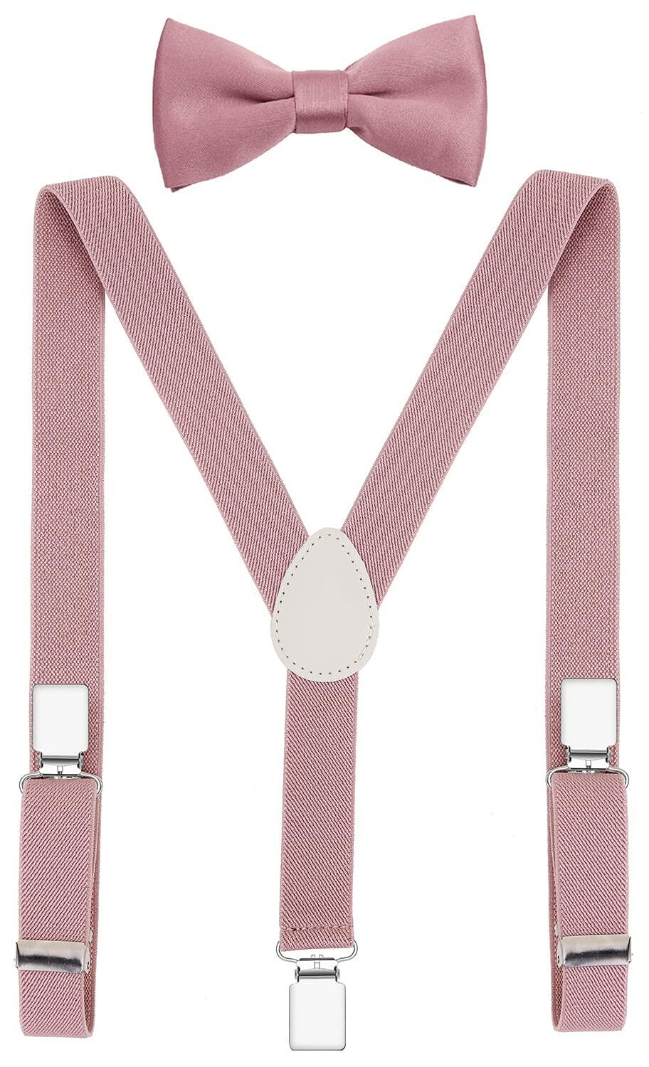 Pzle Boys' Bow Tie and Suspenders Set Adjustable Elastic 30 Inches Blush Pink