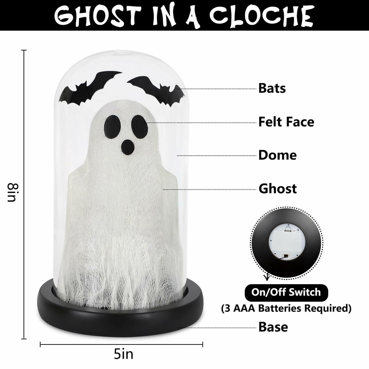 DAZONGE Lighted Ghost in Glass Dome Cloche Halloween Decor Indoor Black White