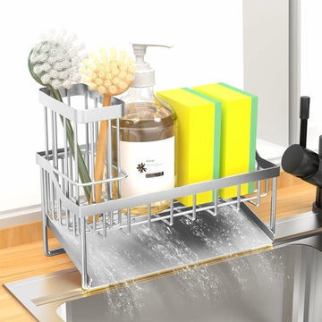 Vanwood Kitchen Sink Caddy Sponge & Brush Holder Stainless Steel Silver