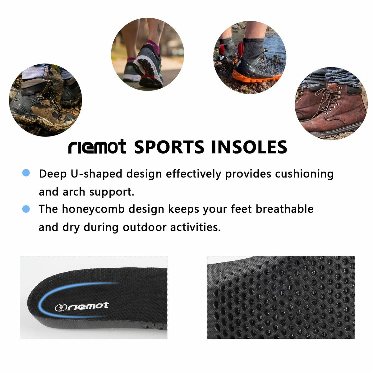 riemot Arch Supports Orthotics Sport Shoe Insoles 2 Pairs Grey Size US14/EU47
